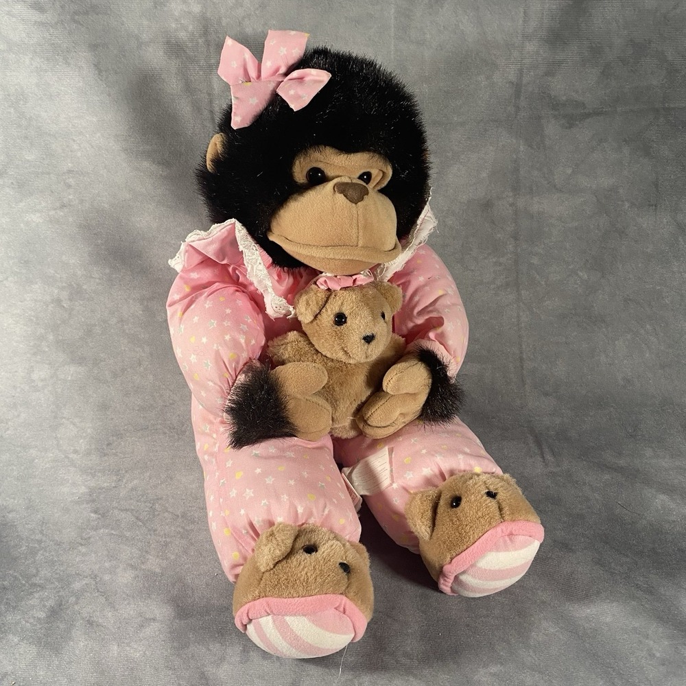 Plush Creations Monkey w Teddy Bear Slippers Nylon Parachute Ape Chimp Vintage